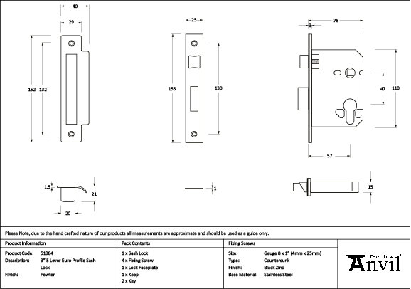 Polished Bronze 3" Euro Profile Sash Lock, Pewter Patina