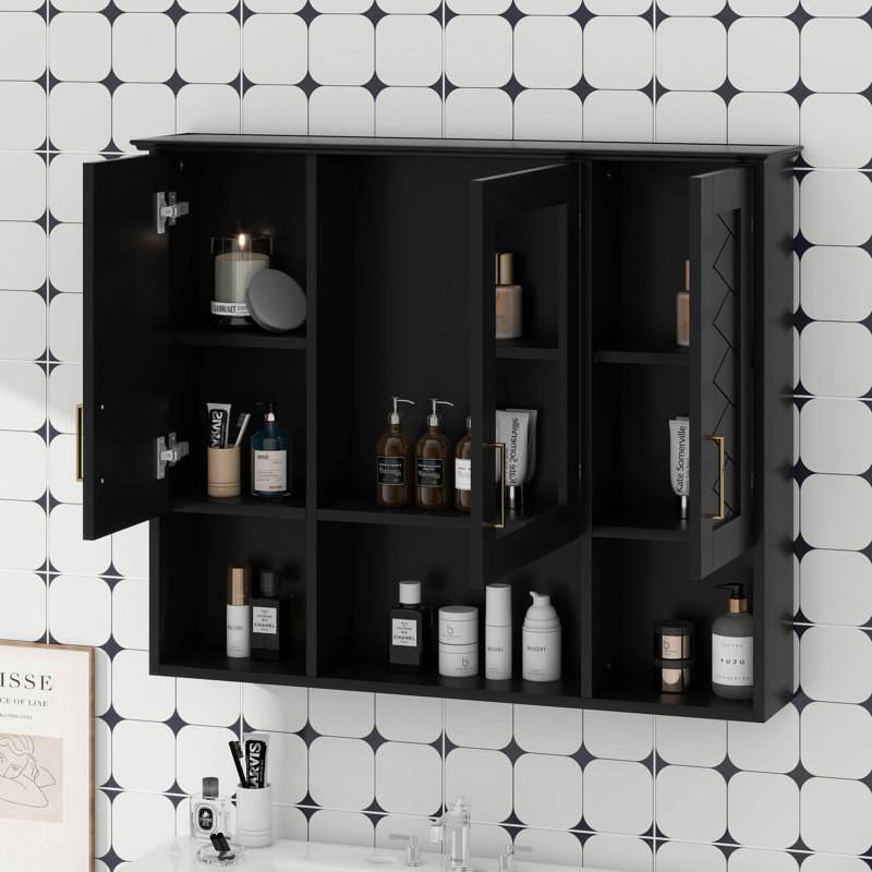 Armoire de salle de bain à miroir, armoire de pharmacie murale avec tablettes réglables, Noir