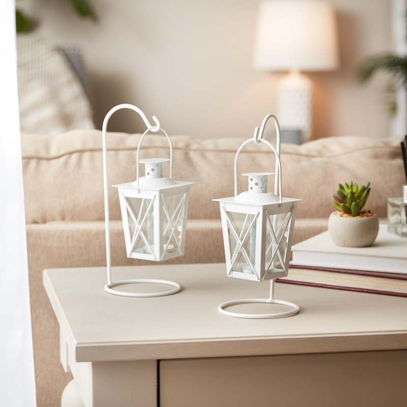 White Iron and Glass Hanging Candle Lantern Set