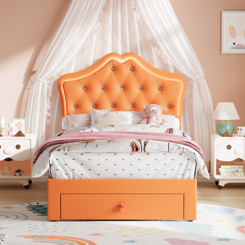 Twin Size Upholstered Princess Bed Frame with LED Lights and Storage Drawer, Faux Leather Platform Bed, Orange