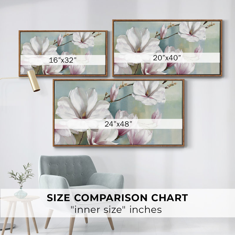Fleurs de magnolia - Toile tendue avec châssis tendue, prête à accrocher, H 25 po x l 49 po, Noyer