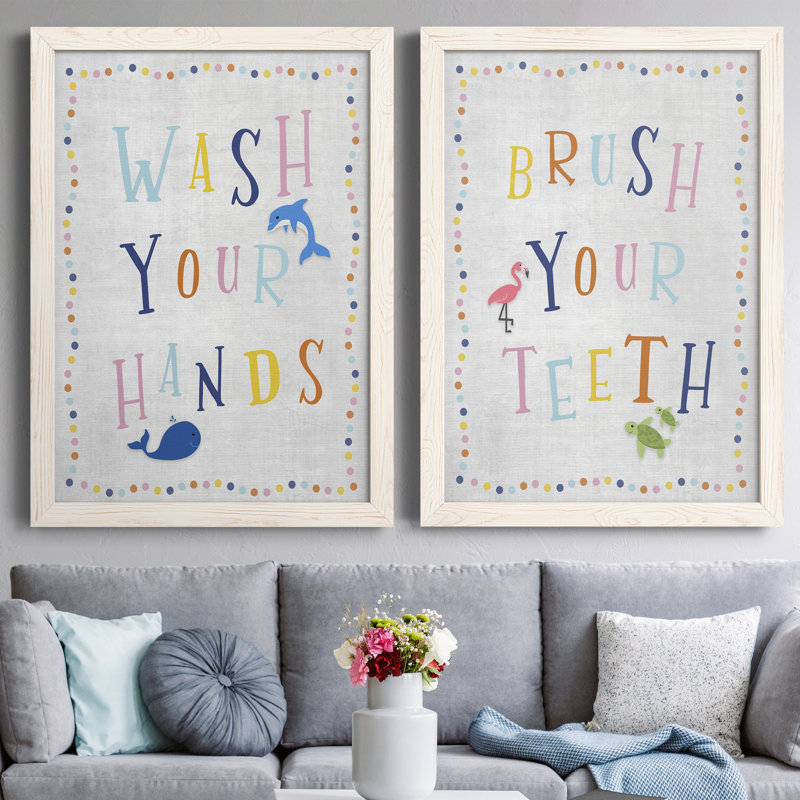 «Wash Your Hands», ensemble de 2 reproductions d'art sur toile encadrées, H 31,5 po x l 47 po x P 1,5 po, Encadrement beige