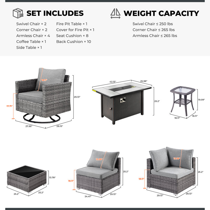 Chappotin Wicker 9 - Person Modular Patio Conversation Sets with Cushions, Gray
