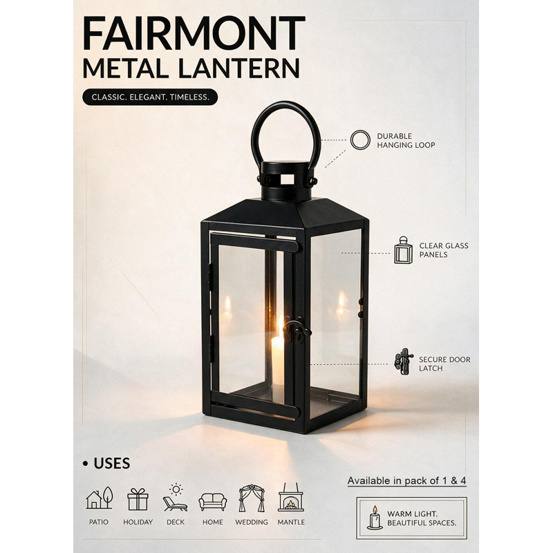 Lanterne en métal Sermont Spaces Living Fairmont, lanterne à bougie noire avec panneaux de verre, porte-bougie pilier pour décor intérieur et extérieur couvert, porche, mariage et foyer, carré 7,75 po x 11,25 po de hauteur