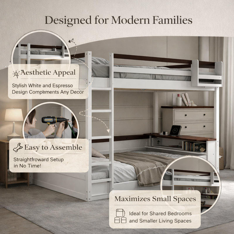 Queen Size Wooden Bunk Bed, White