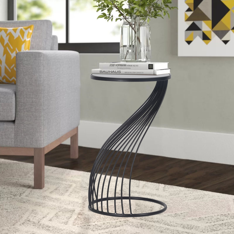 Modern Sculptural Metal Side Table with Stainless Steel Top, Black