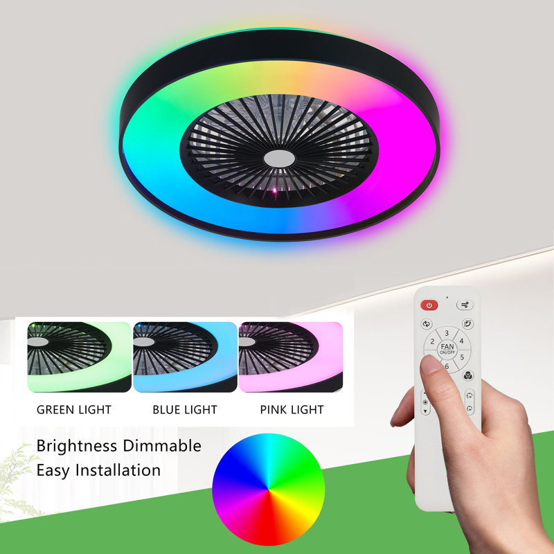 Modern Rgb Flush Mount Ceiling Fan With Light And Remote/app Led Dimmable Light