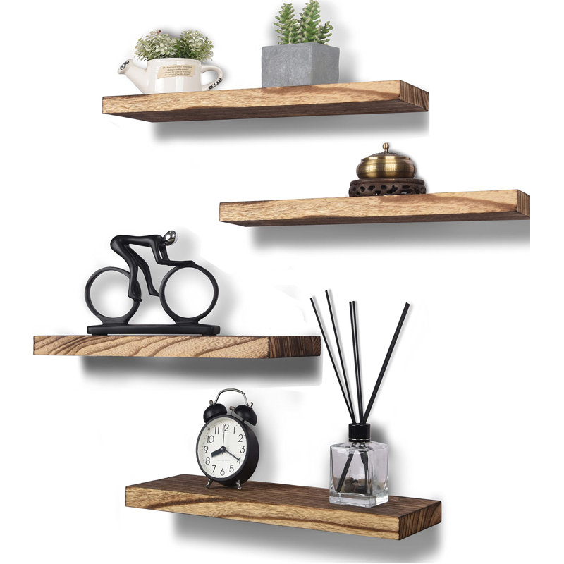 Ensemble de 4 tablettes flottantes en bois pour décoration murale, Brun clair