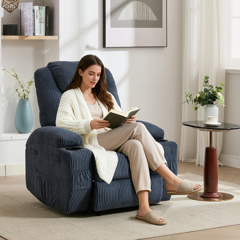 Ultra-Comfortable Corduroy Electric Recliner Chair - 135° Forward & Backward Adjustment, Heated Massage, Blue