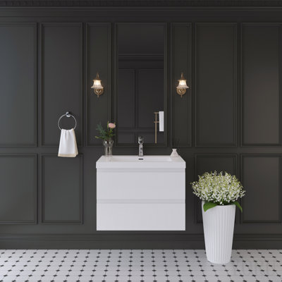 Meuble-lavabo suspendu de 76 cm avec lavabo, meuble de rangement mural moderne avec lavabo en surface solide et tiroirs à fermeture amortie, entièrement assemblé, blanc brillant