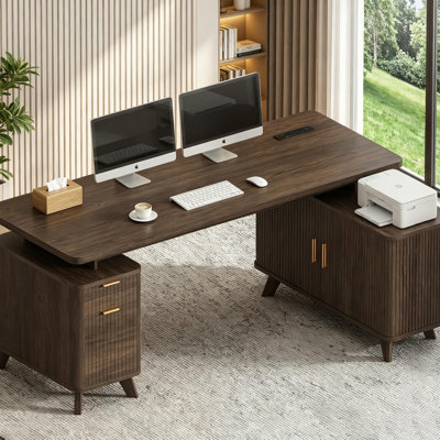 63'' L-Shaped Executive Desk With Power Outlets & Storage Cabinet, Fluted Desk For Home Office