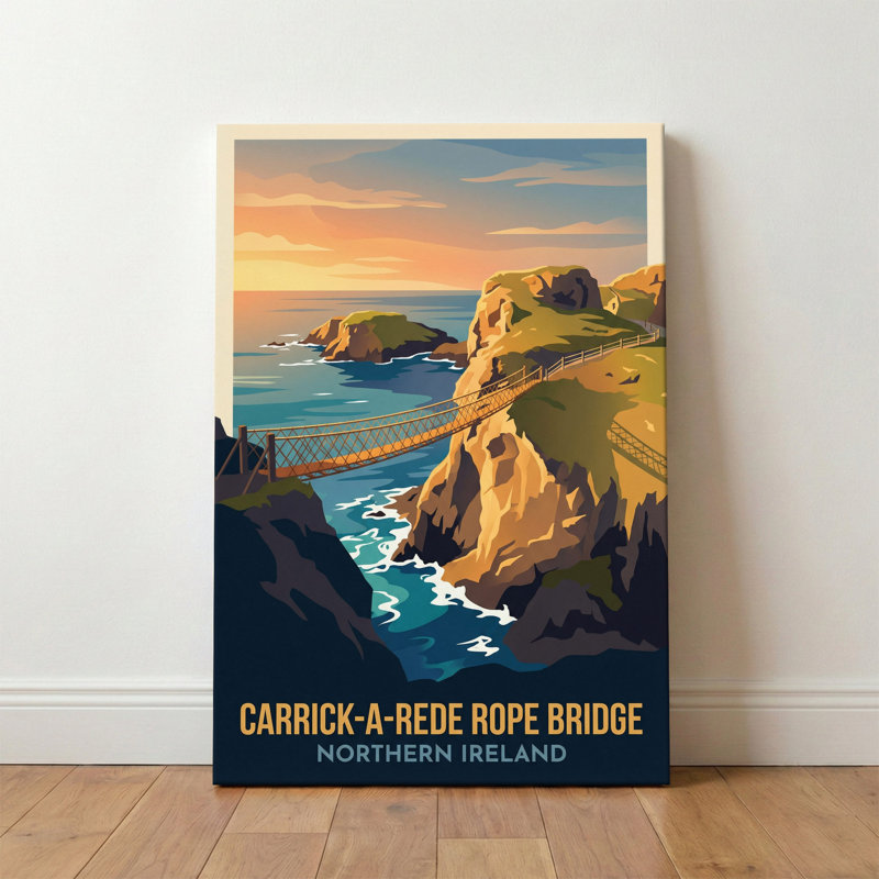 Carrick-a-Rede Rope Bridge, Northern Ireland - Coastal Romance Travel Poster. Giclee Print on Wrapped Canvas. Wall Art, Home Decor - Coastal & Maritime, Northern Ireland 1 Piece Wrapped Canvas Wall Art