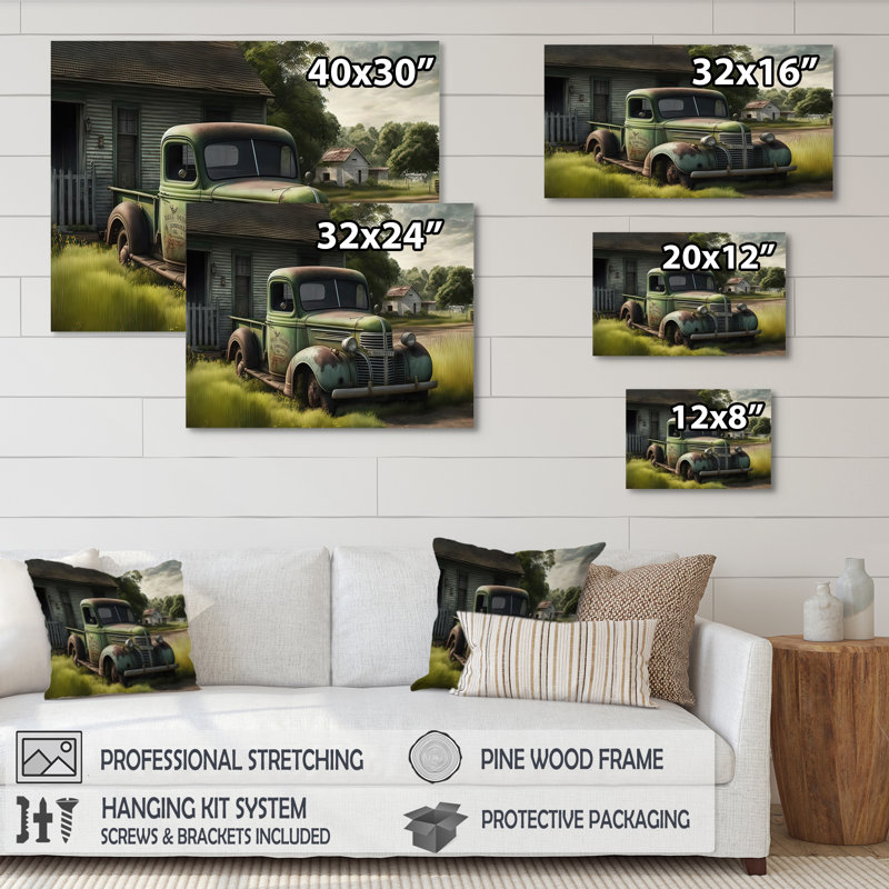 Vert vieux camion à la grange - reproduction sur toile, H 16 po x l 32 po x P 1 po, Toile tendue