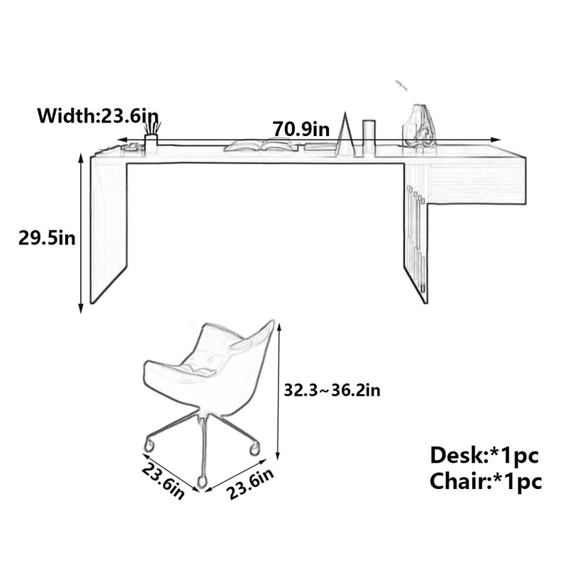 Modern Minimalist Solid Wood Computer Desk, 29.5" H x 70.9" W x 23.6" D