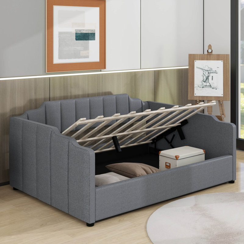 Lit de jour double rembourré avec rangement inférieur, Gris