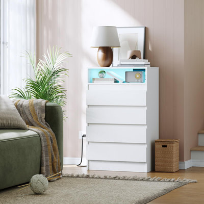 Commode double 4 tiroirs avec prise de courant, commodes décoratives avec éclairage à DEL, commode blanche moderne avec station de charge