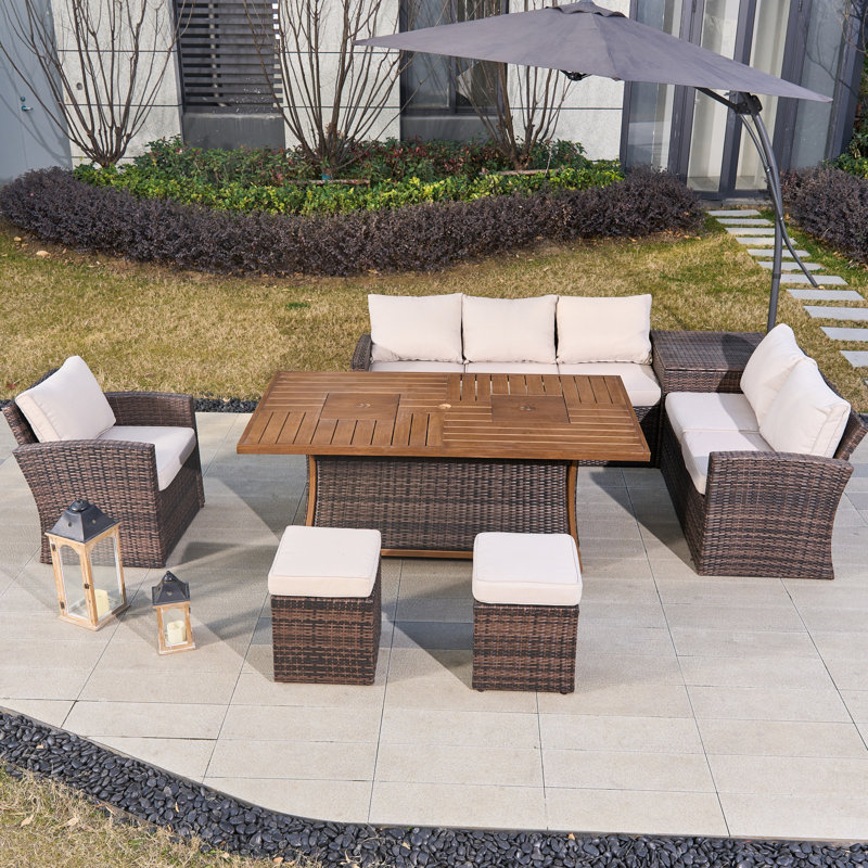 8 - Person Patio Dining Set with Rectangular Table , Cushions Included, Brown