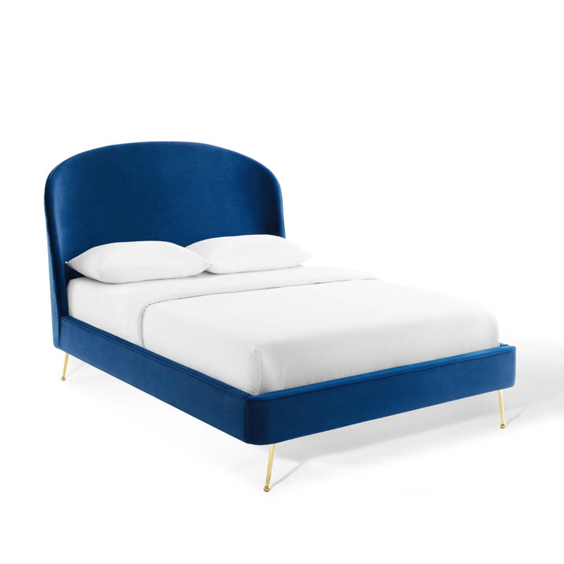 Grand lit plateforme en velours performance Mira, Bleu marine