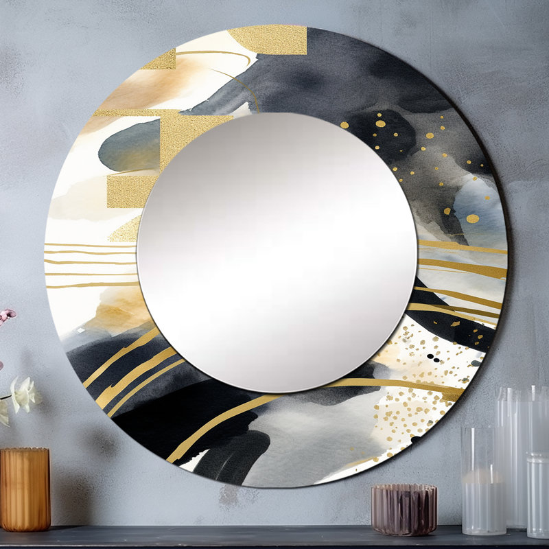 Sadaris abstrait pastel avec taches bleues noires et dorées III - grand miroir, miroir mural décoratif rond moderne, impression d'art en métal