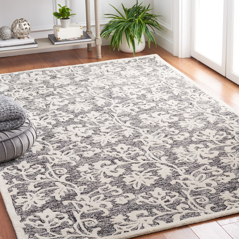 Black and Ivory Floral Hand-Tufted Wool Area Rug