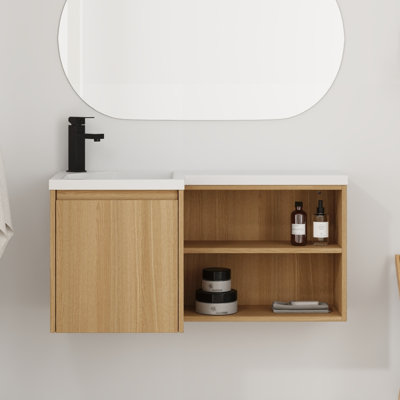 36" L-Shaped Floating Corner Bathroom Vanity Set – Wall-Mounted Space-Saving Design with Durable Resin Sink