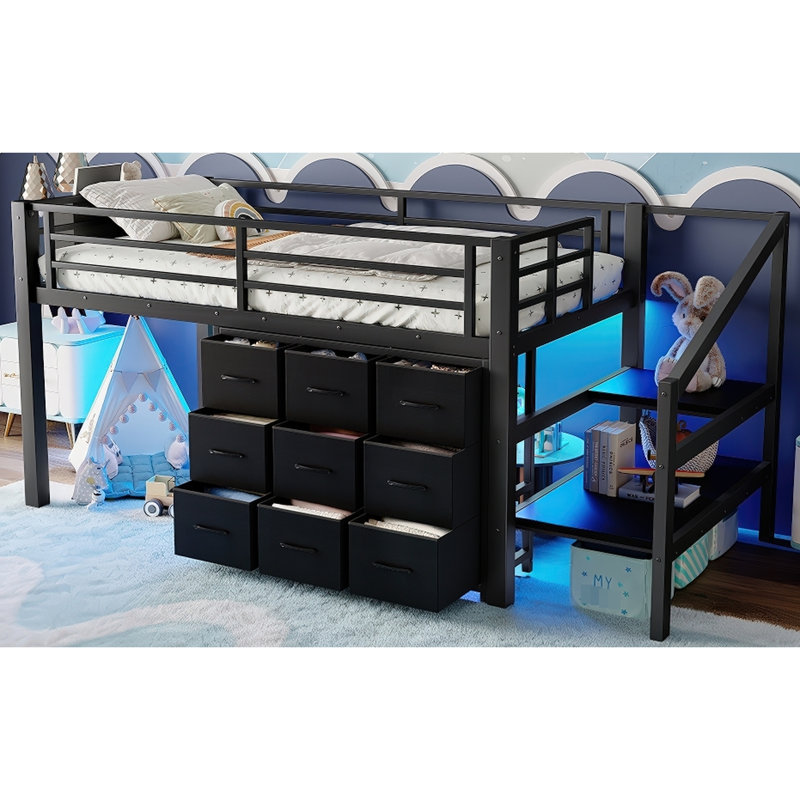 Lit mezzanine simple en métal noir avec rangement en tissu, tablettes de chevet et escalier de rangement pour optimiser l'espace sous les tiroirs, les tablettes des petites pièces