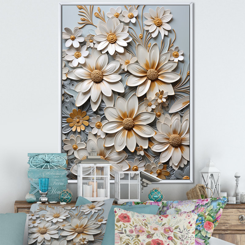 «White Daisy Blooming Elegance II», reproduction sur toile encadrée, Cadre flottant blanc, H 44 po x l 34 po