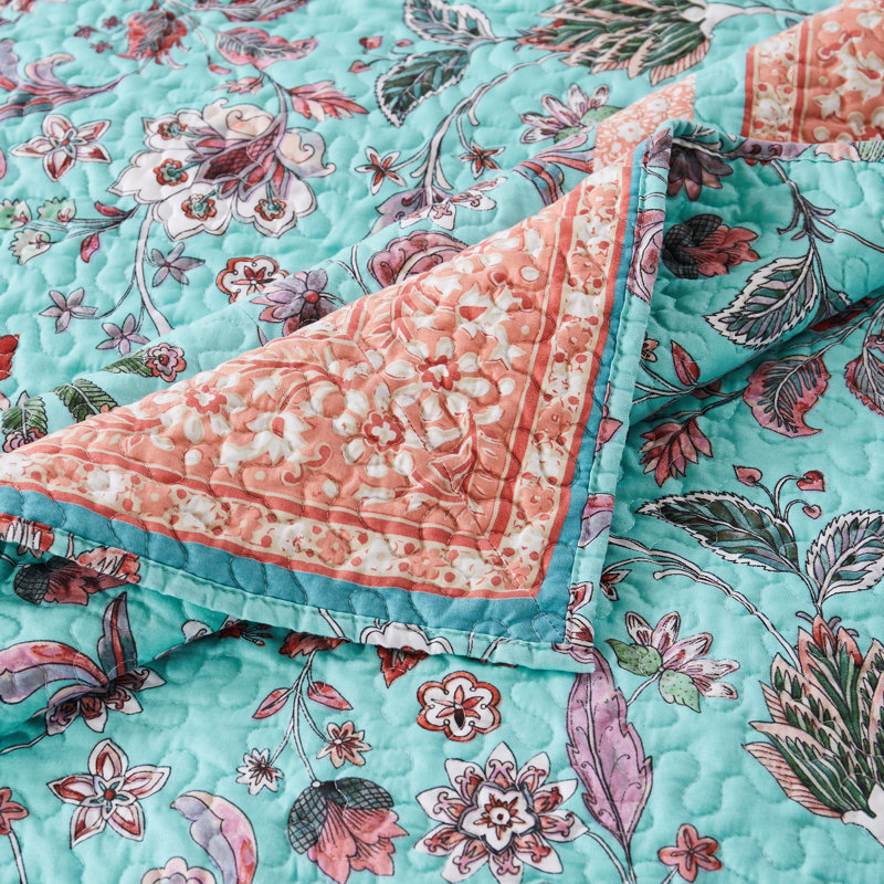 Ensemble de courtepointe réversible Audrey, Courtepointe pour grand lit + 2 taies décoratives, Turquoise / rose millénaire