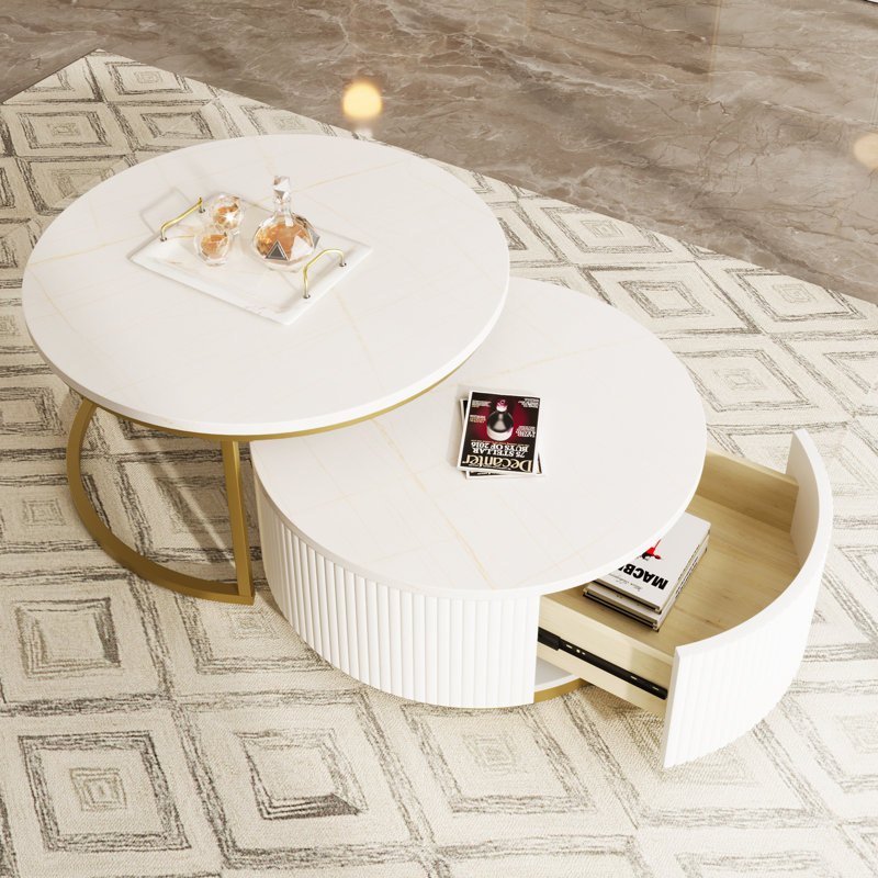 Modern Round Nesting Coffee Table Fluted With Drawer In White & Gold In 31.5''