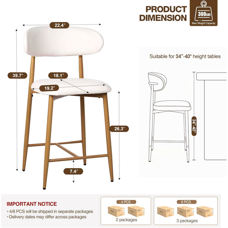 Ensemble de 2 tabourets de bar à hauteur de comptoir, tabourets de bar rembourrés avec pieds en métal pour îlot de cuisine, beige