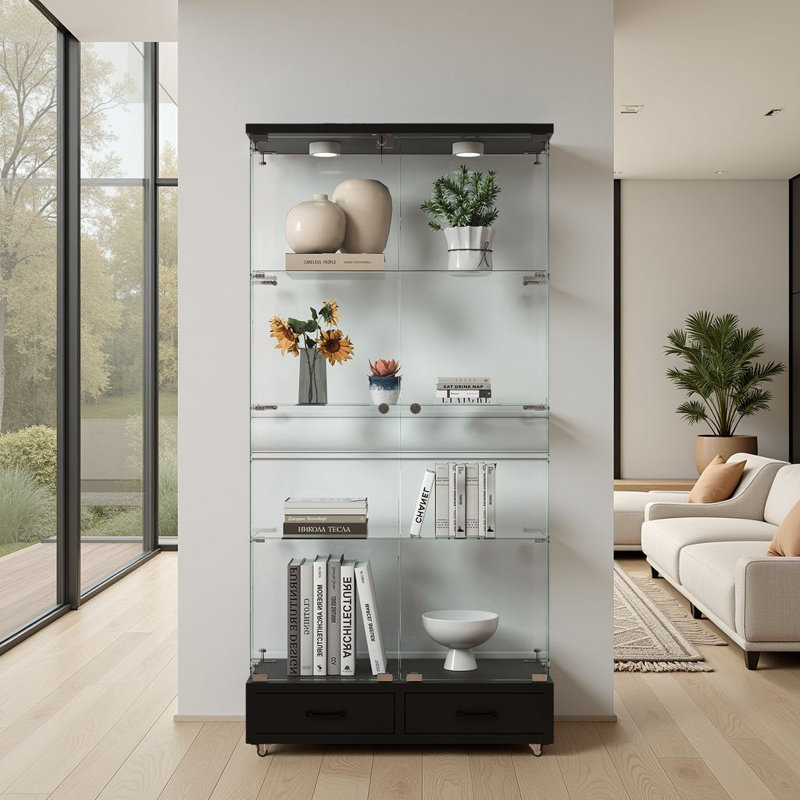 Hollandale 65.8"H Glass Display Cabinet, Bookcase With 13-Color LED & 2 Drawers, Black