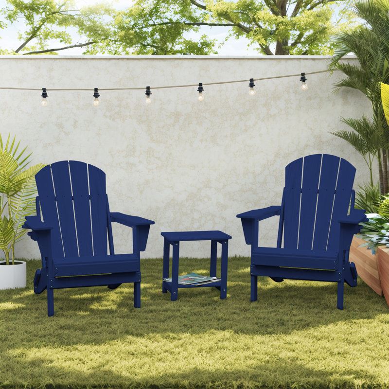 Adirondack Chair With Side Table (Set Of 3), Navy Blue