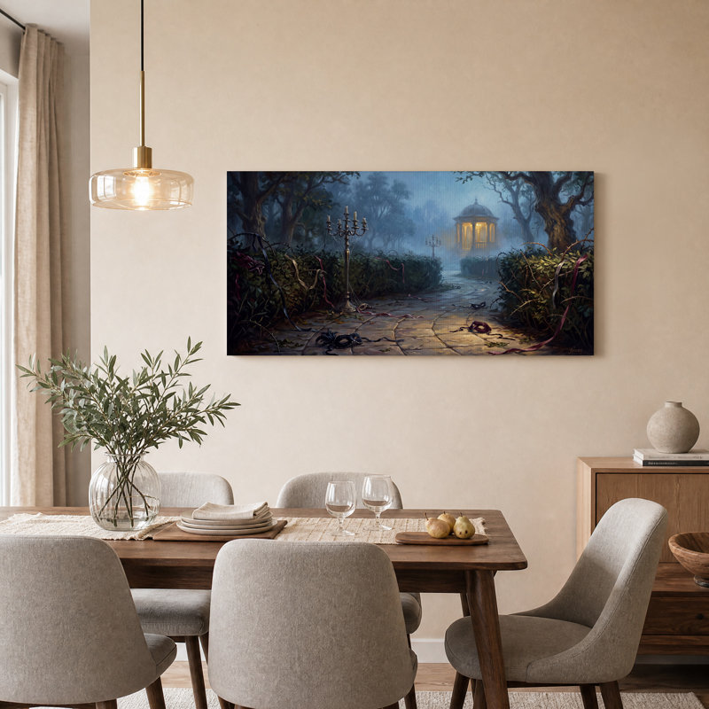 Chemin forestier brumeux avec kiosque illuminé et masques - Tableau sur toile, L 40 po x H 20 po