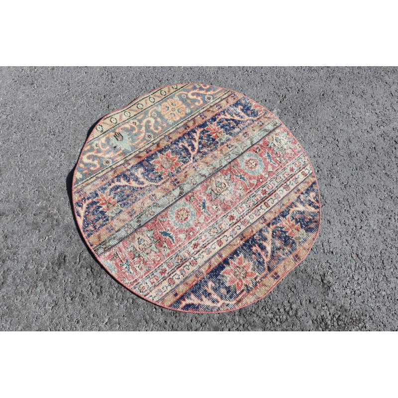 Round Turkish Oushak Rug Of Antique Circle Design In Vintage Oriental Style Made With Organic Wool For Entry Decor