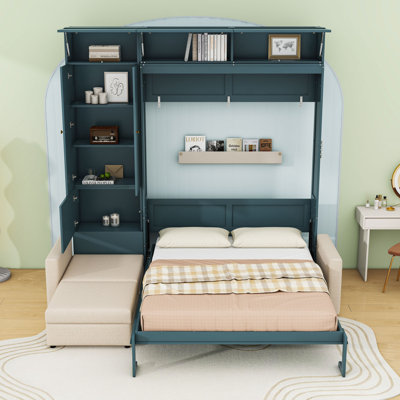 Murphy Wooden Bed with L-Shaped Sofa and Cabinets