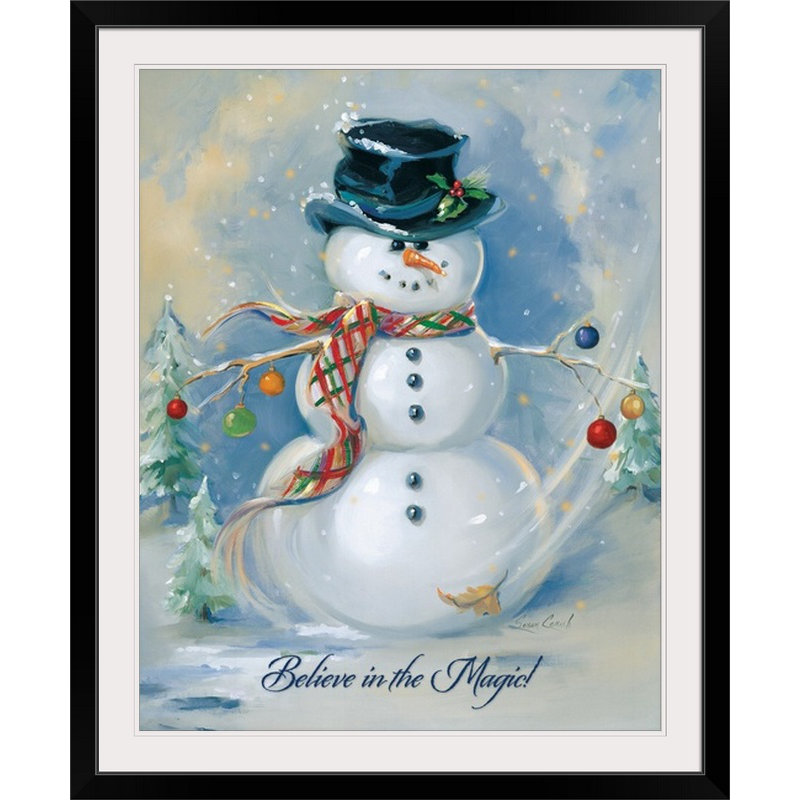 «Christmas Art Snowman Magic» par Susan Comish - impression, Cadre noir, H 23 po x l 20 po x P 1 po