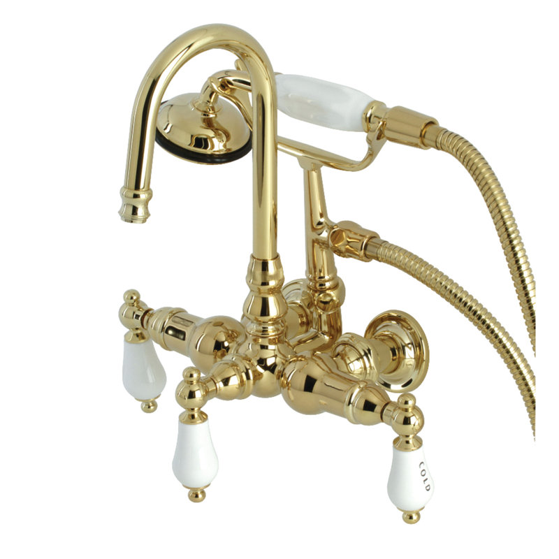Kingston Brass Vintage Three-Handle 2-Hole Tub Wall Mount Clawfoot Tub Faucet with Hand Shower, Polished Brass