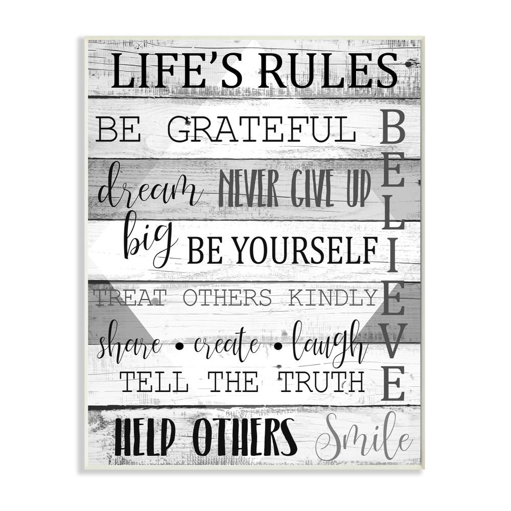 'Life's Rules Phrases on Wood Grain Black White Word Design' by Kim Allen - Texture Art Print Gracie Oaks 