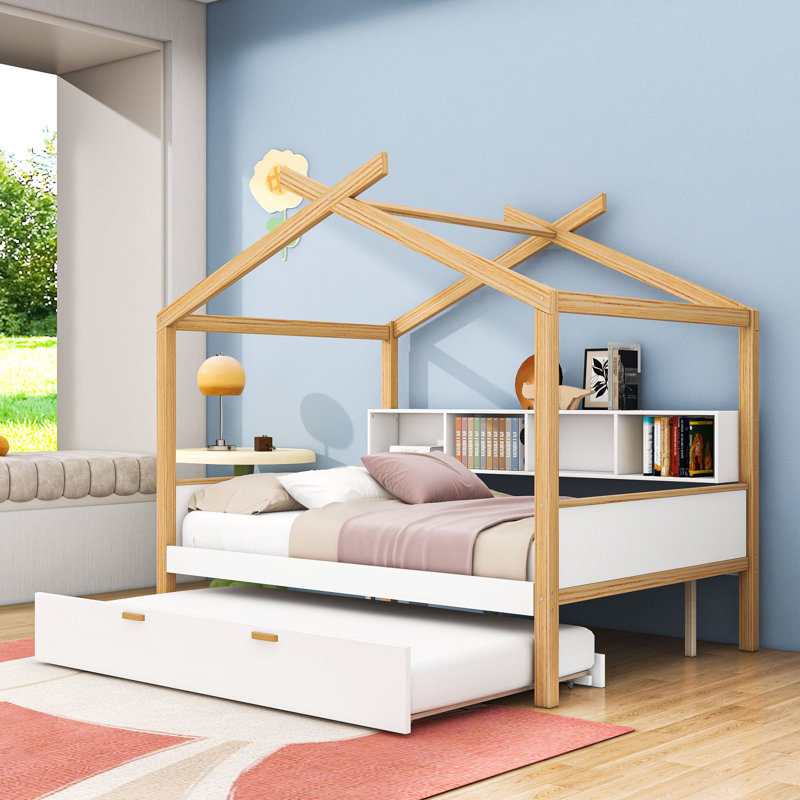 Lit House avec lit gigogne escamotable et rangement pour bibliothèque, Double