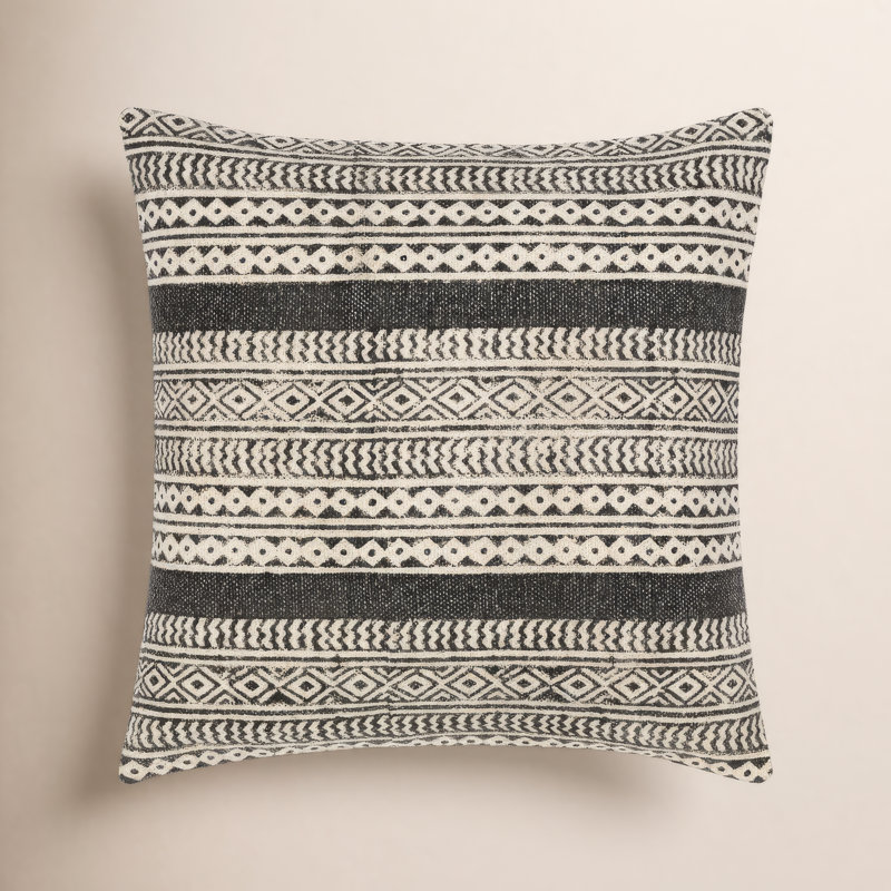 Oreiller carré en coton Zetta, Beige/noir, Housse de coussin seulement - sans coussin, 22 po x 22 po