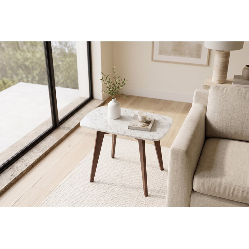 Table rectangulaire en marbre blanc de Carrare avec pieds 12 po x 21 po Marco, Noyer