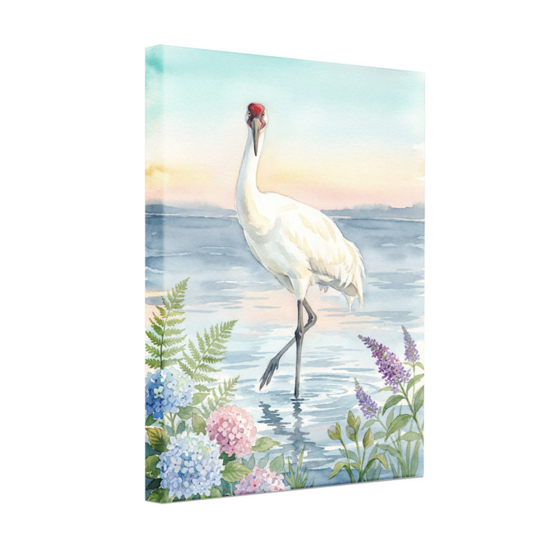Animaux, grue blanche, aquarelle, paysage, scène florale, H 18 po x l 12 po