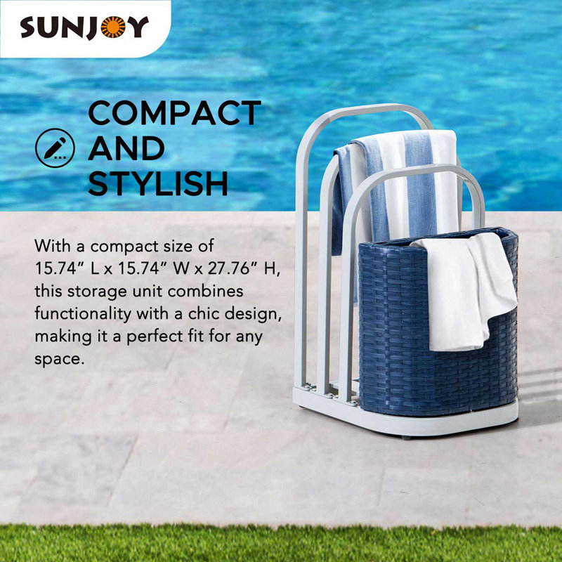 Sunjoy Rust-proof Aluminum Pool Float Storage Rack, 16 Inch Outdoor Wicker Poolside Float Organizer, Pool Float Caddy for Cushions, Floaties, Noodles, Pool Toys