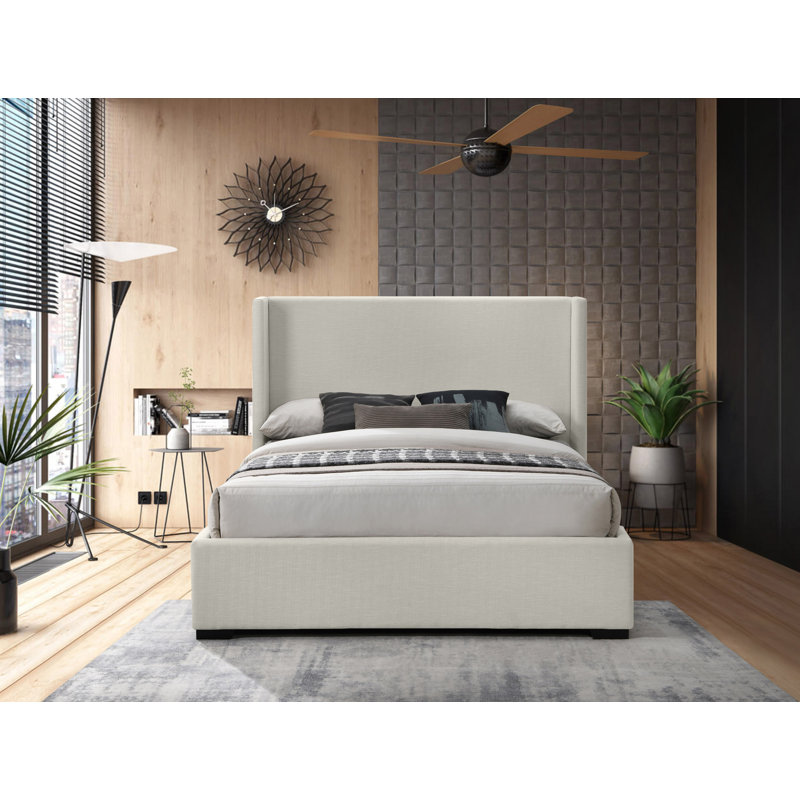 Lit plateforme tapissier Oxford Tachani, Grand, Tissu texturé en lin beige