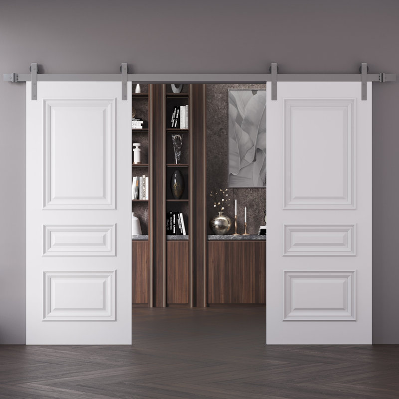 Double porte de grange | Émail blanc IM33 1833 | Ensemble de rail argenté | Portes intérieures solides, 36 po x 80 po
