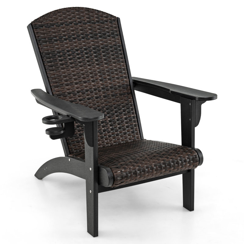 Set of 2 Adirondack Chair w/ Rattan Padded Seat & Back Wide Hidden Cupholder Patio, Black