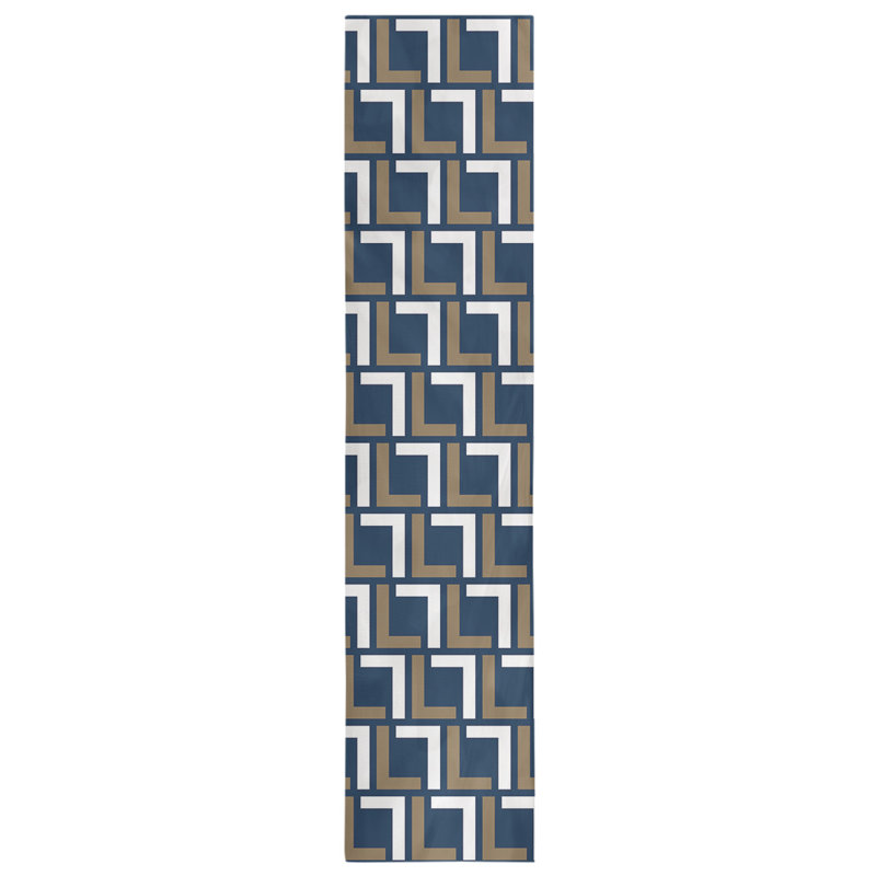Chemin de table Carolina, 72 po x 16 po, polyester, Bleu millénaire / or nouveau siècle / blanc