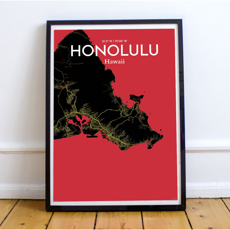 Honolulu City Map - No Frame Print, 91.4cm H x 61cm W x 0.13cm D