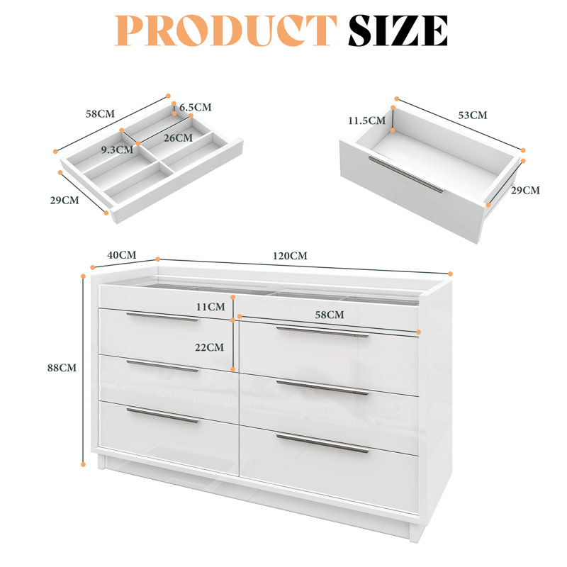 120 cm W Chest of 8 Drawers, White