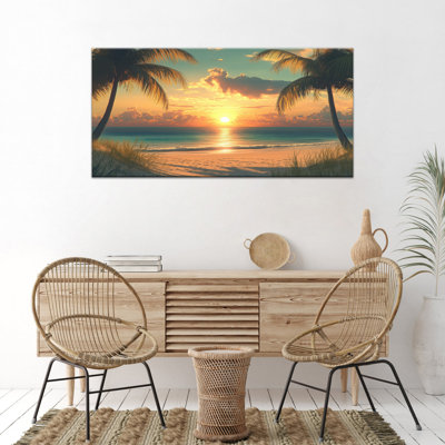 Bord de mer, art mural, coucher de soleil, plage, palmier, paysage, impressions sur toile, paysage tropical moderne, peinture pour salon, chambre, salle de bain, bureau à domicile, prêt à être accroché, affiche encadrée, affiche murale, 12 po x 24 po